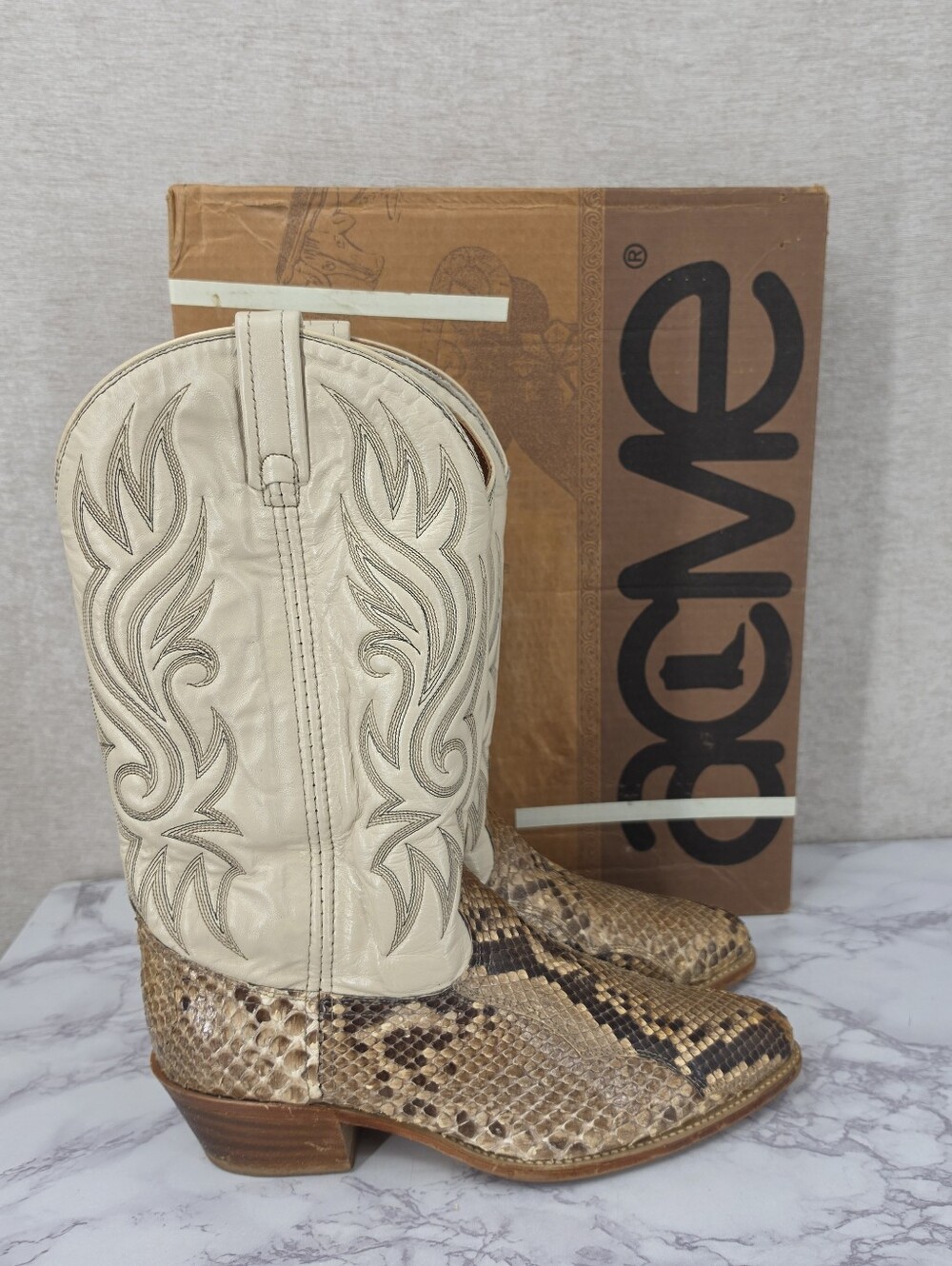 Acme Vintage Cream Shaft with Genuine Snakeskin Foot Western Cowboy Boots